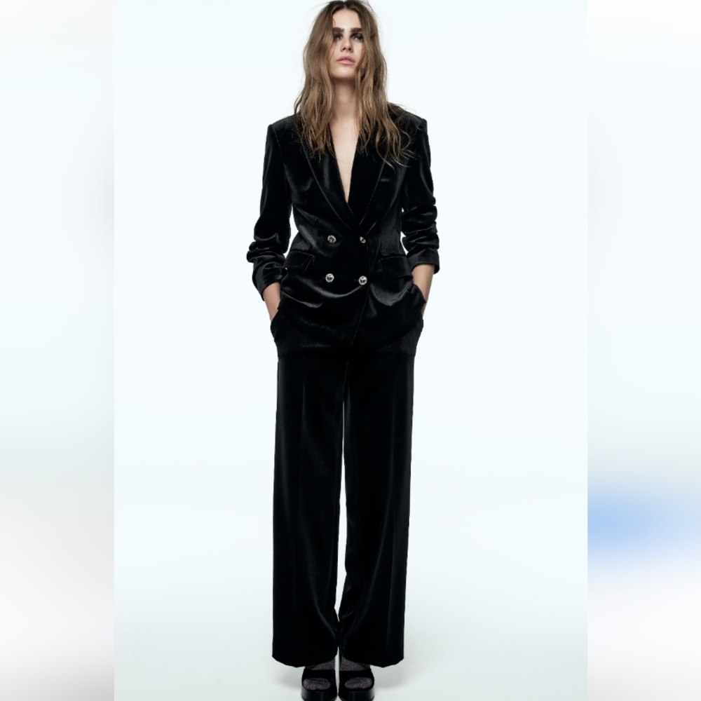 Zara Black Velvet Double-Breasted Blazer Sz S